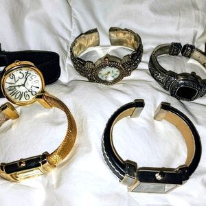 ⌚️ Cuff Bracelet Watch Quartz Lot of 5 Rhinestones Scroll Oui Bee Gold Costume⌚️